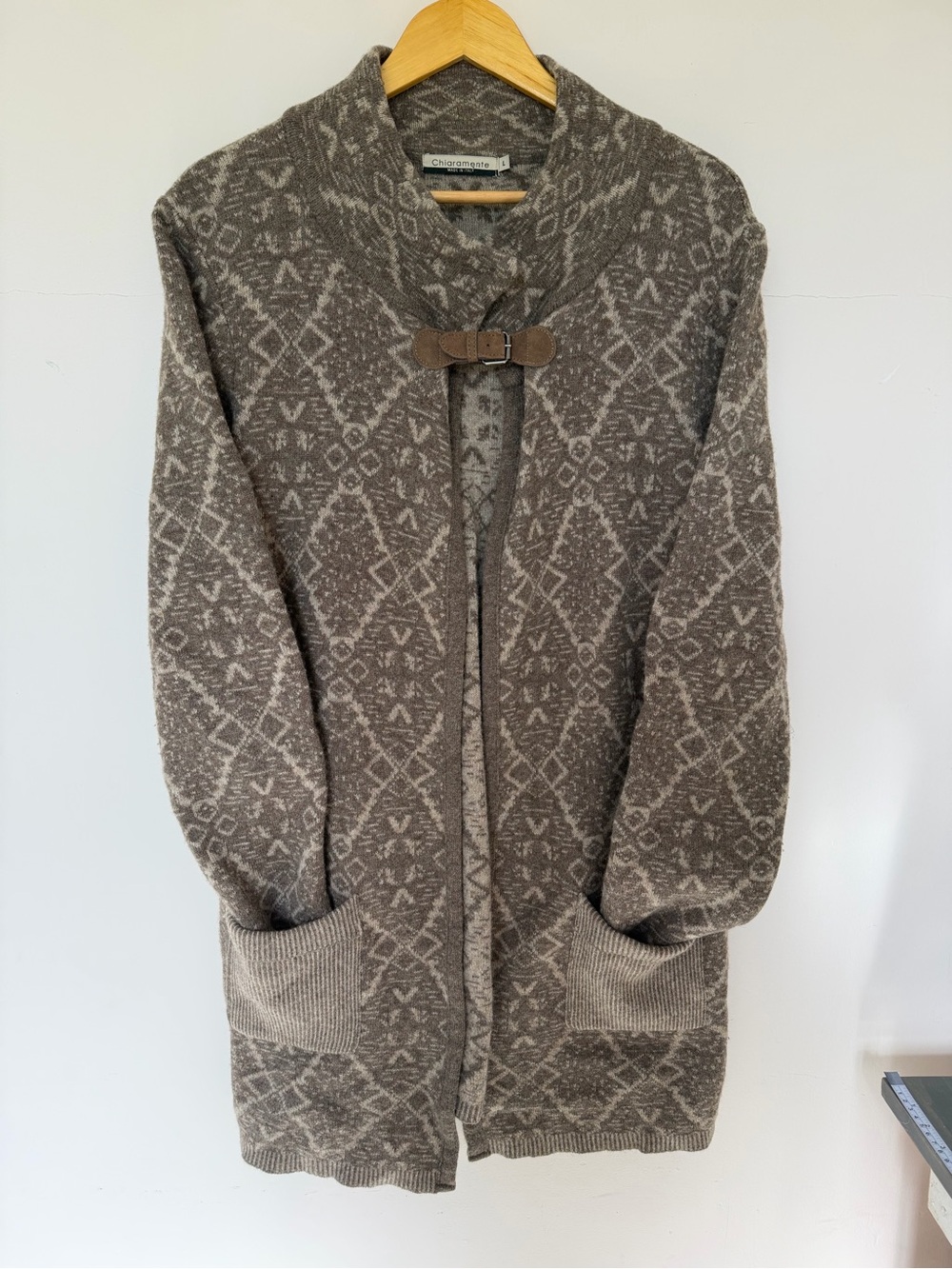 Chiaramente Size L Wool Floral Beige Brown Long Cardigan Sweater Women